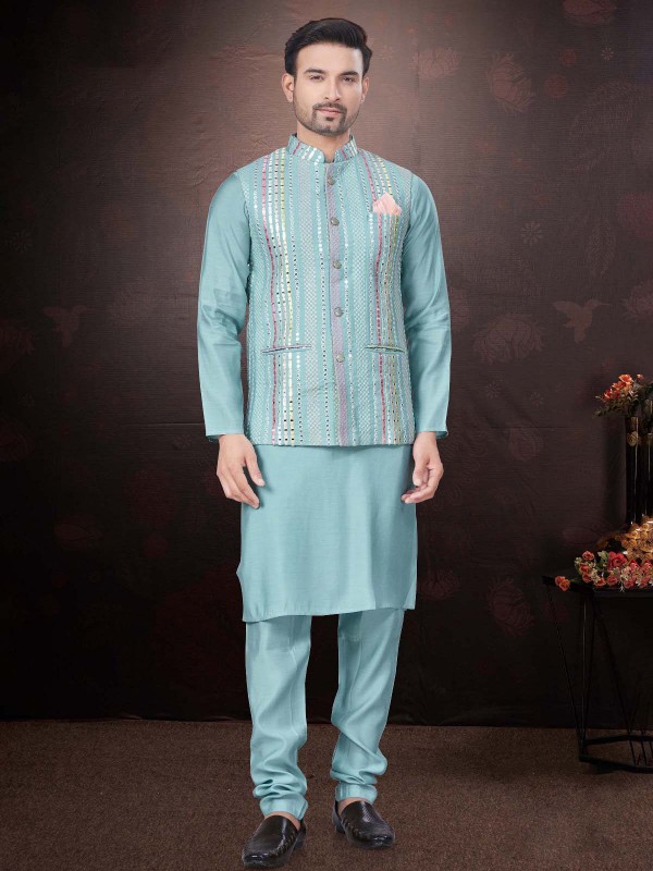 Sky Blue Pure SIlk Readymade Kurta Pajama With Jacket